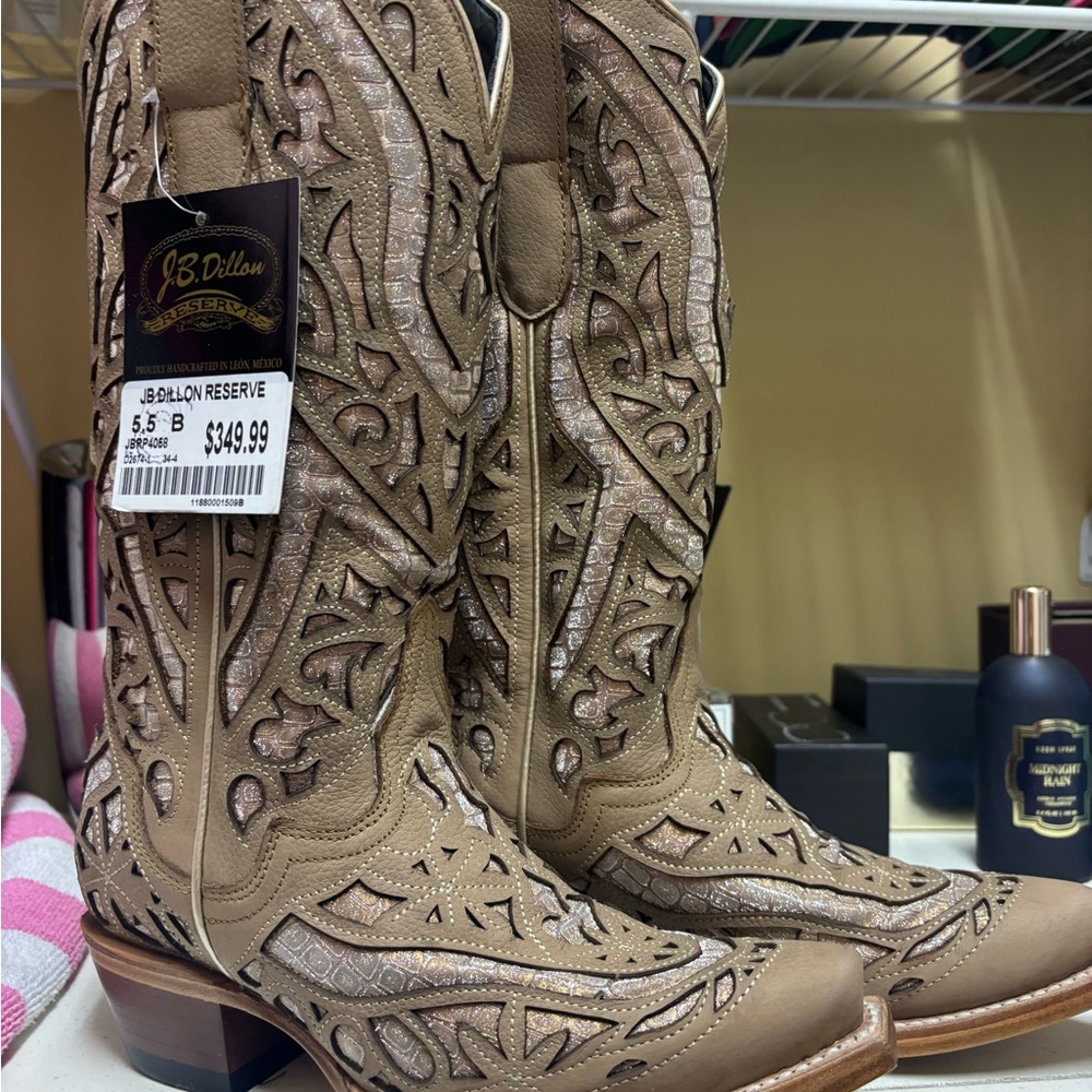 J.B. Dillon Tan Heeled Boots with Intricate Embroidery